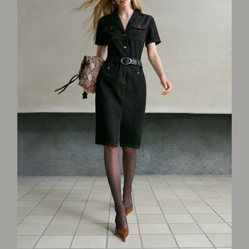 Black Navy Denim Peak Lapel Button Front Knee Length Shirt Dress